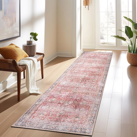 World Rug Gallery Vintage Inspired Machine Washable Non Slip Runner Rug 2 ft 6 in x 10 ft Red 6029RED2X10