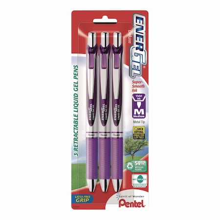 Pentel EnerGel RTX Deluxe Gel Pen, Retractable, Medium 0.7 mm, Purple Ink, Purple/Silver Barrel, 3PK BL77BP3V