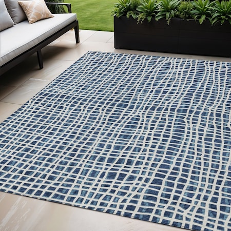 Homeroots 5' X 8' Navy Blue And Ivory Striped Washable Indoor Outdoor Area Rug 583445