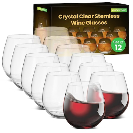 Nutrichef 15 Ounce Stemless Wine Glasses (Set of 12), Ultra Thin Wine Glass For Red or White Wine Lead-Free NGLWINE99