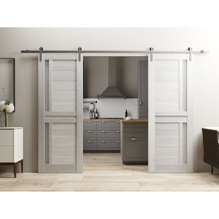 Sartodoors Sturdy Dbl Barn Door 72 x 96in W/, Light Grey Oak W/ Frosted Glass, SS 13FT Rail Hangers Heavy Set VEREGIO7288DB-S-OAK-7296
