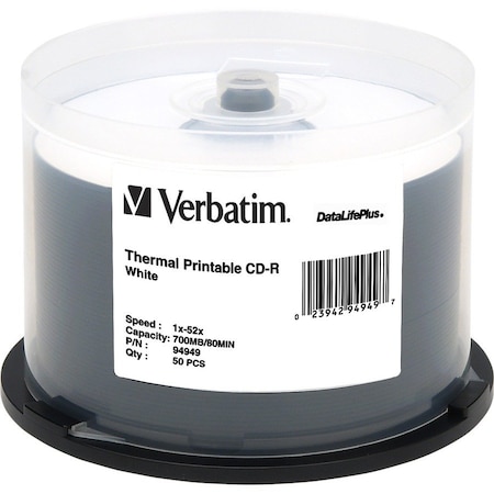 Verbatim DataLife Plus CD-R 52X 700 mb, 80 minutes, Printable, White, Thermal. 50 per spindle. 94949