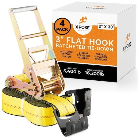 Xpose Safety Ratchet Straps Heavy Duty, 3 In x 30 FT Tie Down Straps Ratchet Operated with Flat Hooks, 4-PK RTD330-FH-4-X-S