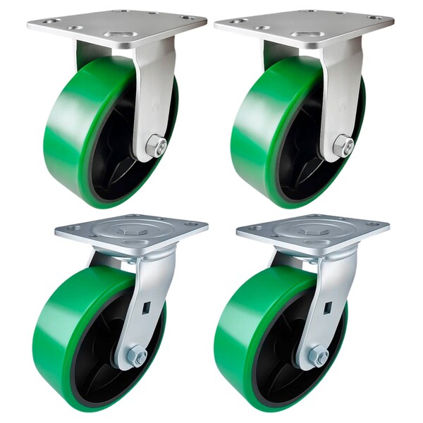 Hyw Products Heavy Duty Caster Set 6in Green Polyurethane on Cast Iron Wheels, 2 Rigid & 2 Swivel, 4PK 40-60R-A1-PC-2,40-60S-A1-PC-2 (G) - main