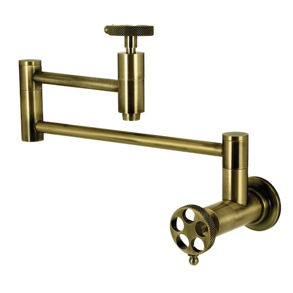 Kingston Brass Wall Mount Pot Filler Faucet with Knurled Handle, Antique Brass KS8103RKX - main