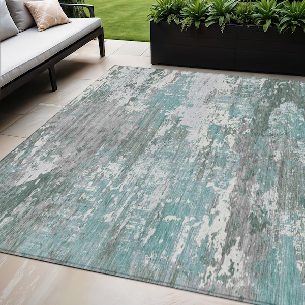 Homeroots 5' X 8' Blue And Teal Blue Abstract Washable Indoor Outdoor Area Rug 610439 - main