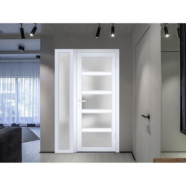 Vdomdoors Front Exterior Prehung FiberGlass Door Frosted Glass / Manux 8002 White Silk / Sidelight Exterior W MANUX8002EXD-WS-W30+14 x H80-LH - main