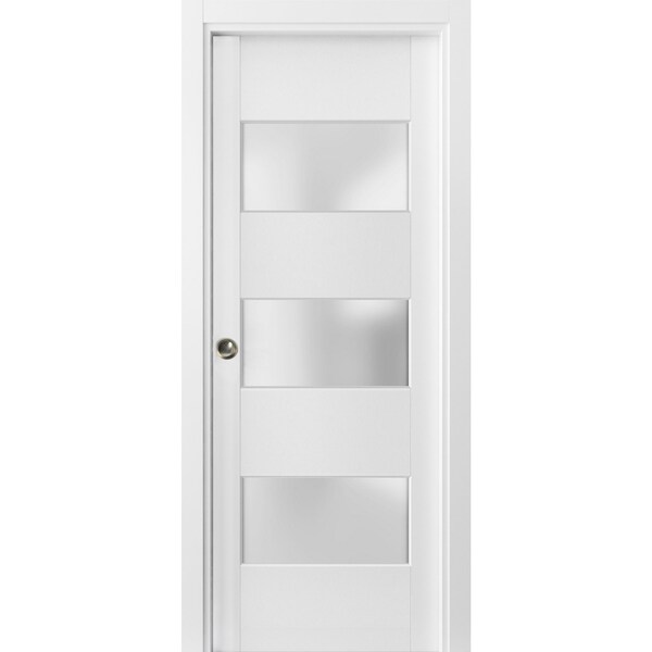 Sartodoors Sliding French Pocket Door 24 x 96 inches with Frosted Glass 3 Lites, Lucia 4070 White Silk, Kit Tr LUCIA4070PD-WS-2496 - main