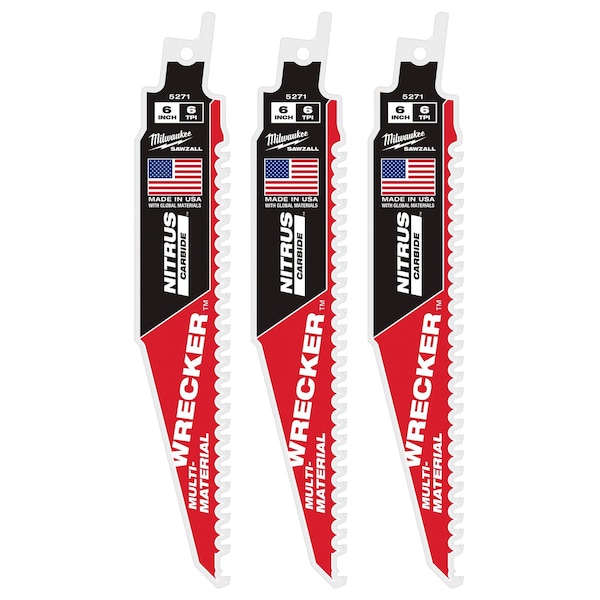Milwaukee Tool 6 in. 6 TPI SAWZALL THE WRECKER with NITRUS CARBIDE Multi-Material Reciprocating Saw Blade (3 pk) 48-00-5371 - main