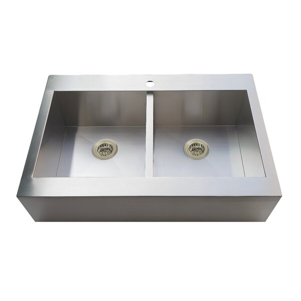 Kingston Brass 33-Inch Stainless Steel Apron-Front Double Bowl Farmhouse Kitchen Sink, 1-Hole with Strainer KGKTDF3324918 - main