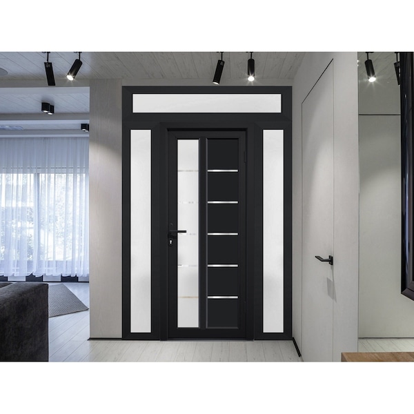 Vdomdoors Front Exterior Prehung FiberGlass Door Frosted Glass / Manux 8088 Matte Black / 2 Sidelight and Tra MANUX8088EXD-BLK-W12+36+12 x H80+14-LH - main