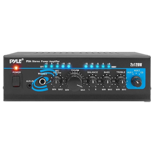 Pyle Pyle2x120W Mini 2-Channel Home Audio Power Amplifier, Bluetooth 5.1, RCA/AUX/Mic, Bass/Treble EQ PTA4 - main