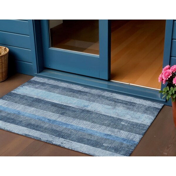 Homeroots 3' X 5' Blue And Gray Striped Washable Indoor Outdoor Area Rug 617836 - main
