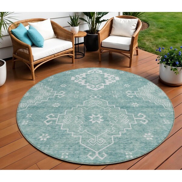 Homeroots 8' Aqua Teal Blue And Ivory Round Medallion Washable Indoor Outdoor Area Rug 589028 - main