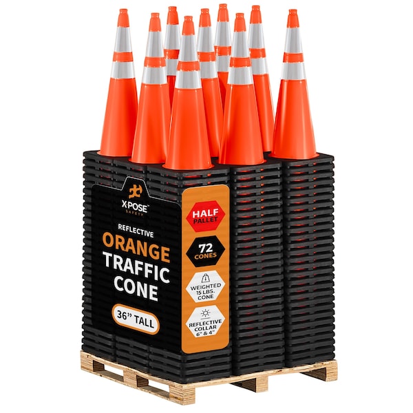 Xpose Safety 36 in Orange Traffic Cone, PVC, 15 lb Base w/ 6 in & 4 in Collar, DOT Approved, 72 PK, Half Pallet OTC36-64-15L-HP72-X - main