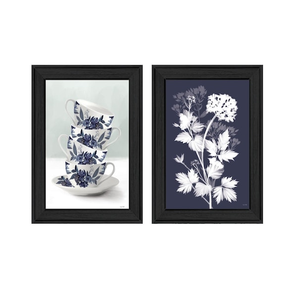 Homeroots Set Of Two Tea Towers with Flowers Blue Black Framed Print Kitchen Wall Art, 2PK 408188 - main