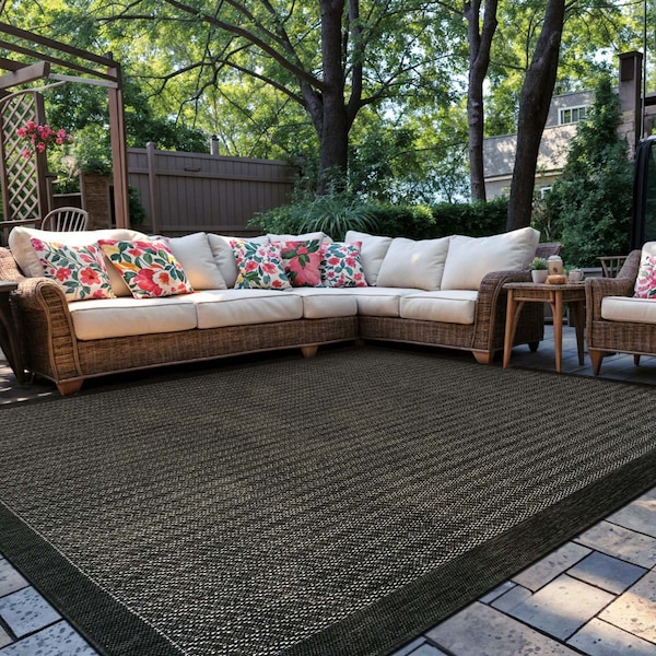 World Rug Gallery Contemporary Bordered Weather Resistant Reversible Indoor/Outdoor Rug 7 ft 10 in x 10 ft Black WR111BLACK8X10 - main