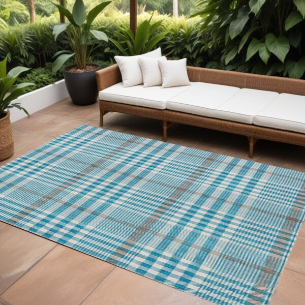 Homeroots 8' X 10' Teal Blue Ivory And Brown Plaid Washable Indoor Outdoor Area Rug 601521 - main