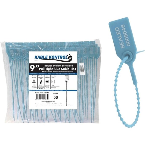 Kable Kontrol Identification & Tamper Proof Cable Zip Ties, 9 in L, Blue, HDPE (High-density polyethylene), 50 PK CTPT-9-50-BL - main