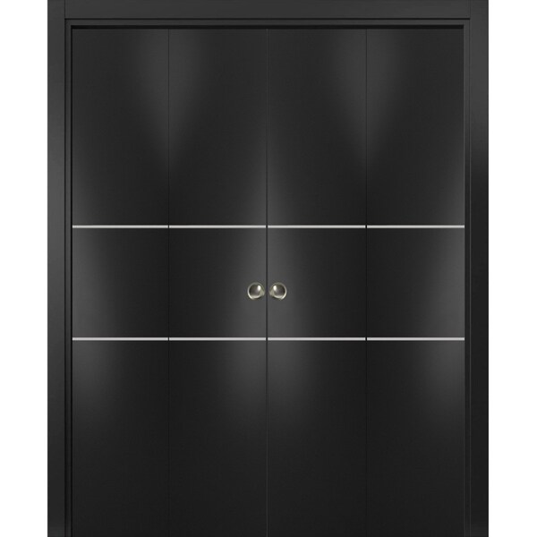 Sartodoors Sliding Closet Double Bi-fold Doors, Planum 0110 Matte Black and Aluminum Strips, Sturdy Tracks Mol PLANUM0110DBF-BLK-96 x 96 (4* 24x96) - main
