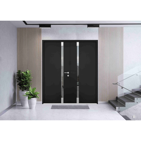 Vdomdoors Steel Double Doors Cynex 6777 Black Stainless Inserts Single Modern Painted-W72xH80-Left-hand Outsw CYNEX6777DEXD-BLK-LH-O-W72 x H80 - main