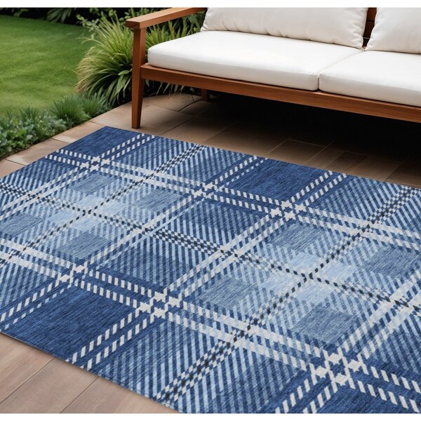 Homeroots 8' X 10' Navy Blue Black And Ivory Plaid Washable Indoor Outdoor Area Rug 596348 - main
