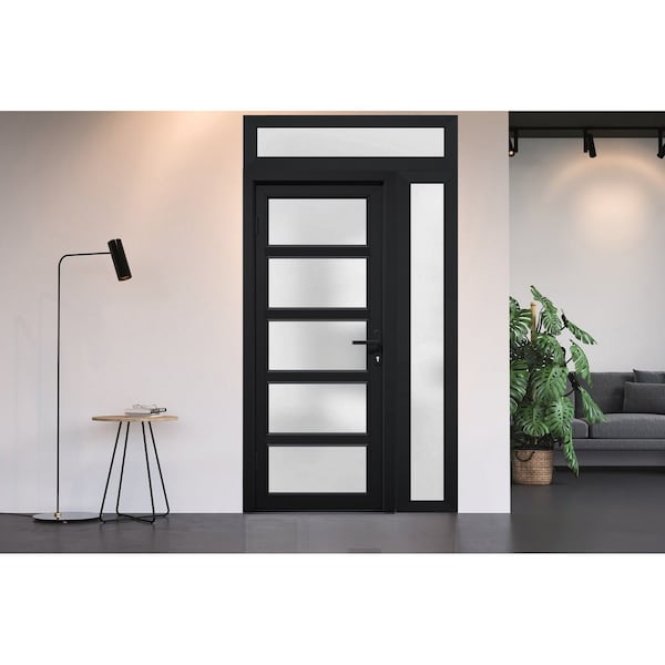 Vdomdoors Front Exterior Prehung FiberGlass Door Frosted Glass / Manux 8002 Matte Black / Sidelight and Trans MANUX8002EXD-BLK-W30+16 x H80+14-RH - main