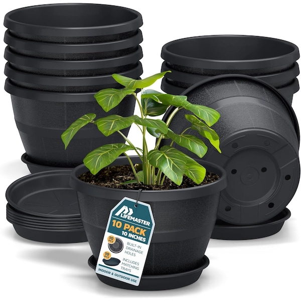Lifemaster 10-Inch Whiskey Barrel Planters, Durable Plastic Pots with Drainage and Saucer, 10PK LMPBP10BLK10 - main
