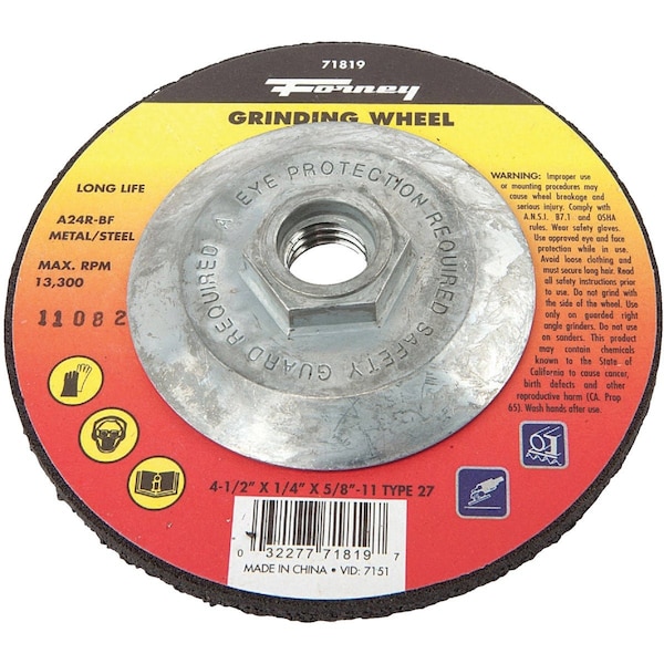 Forney Type 27 4-1/2'' x 1/4'' x 5/8''-11 Metal/Steel Grinding Cut-Off Wheel 71819 - main