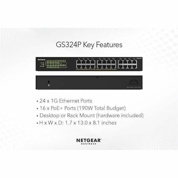 Netgear GS324P 24-PORT GIGABIT ETHERNET UNMANAGED POE+ SWITCH WITH 190W POE BUDGET AND 1 GS324P-100NAS - main