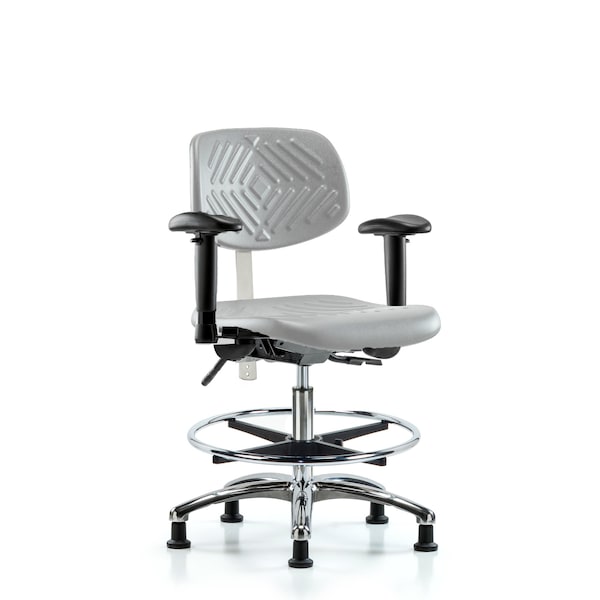 Blue Ridge Ergonomics CL100CleanRoom Chair-Medium Bench Height with Adj Arms, Chrome Foot Ring, &Stat Glides in Gray Poly NCR-PMBCH-CR-T0-A1-CF-RG-GRY - main