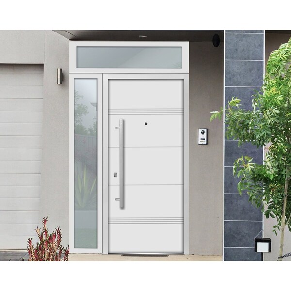 Vdomdoors Steel Door Deux 1705 White Enamel Sidelight and Transom Black Window Stainless Inserts Single Moder DEUX1705EXD-BEM-W36+12 x H80+16-Right-hand Inswing - main