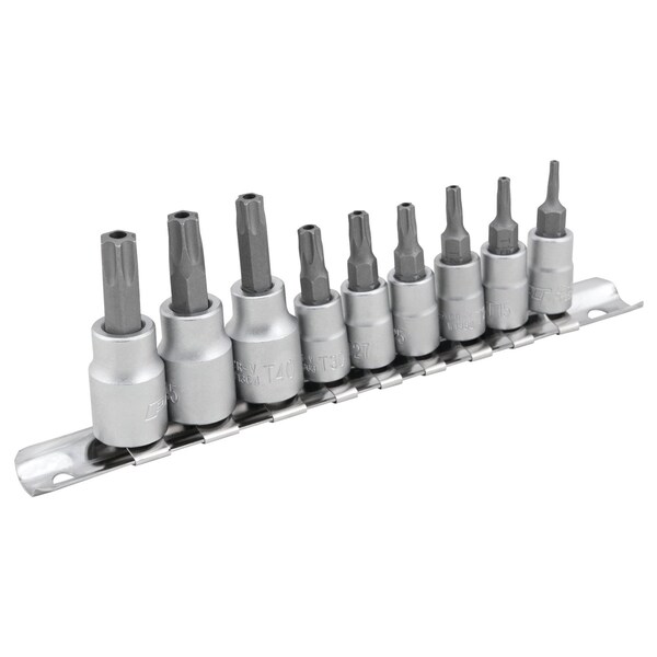 Performance Tool 9 pc. Star Bit Socket Set, Chrome Vanadium, Storage Rail W1385 - main