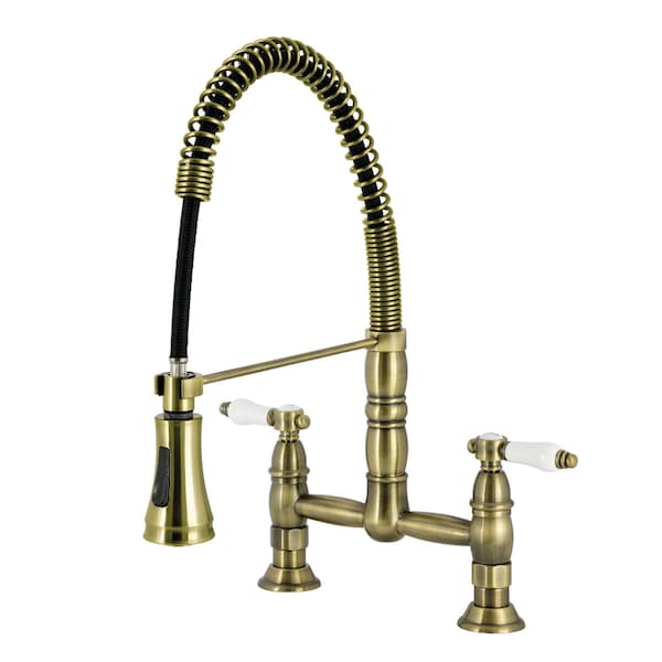 Kingston Brass Double-Handle Deck-Mount Pre-Rinse Bridge Kitchen Faucet, Antique Brass GS1273BPL - main