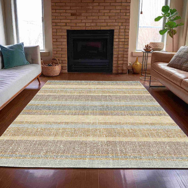 Homeroots 3' X 5' Gold And Silver Striped Washable Indoor Outdoor Area Rug 632209 - main