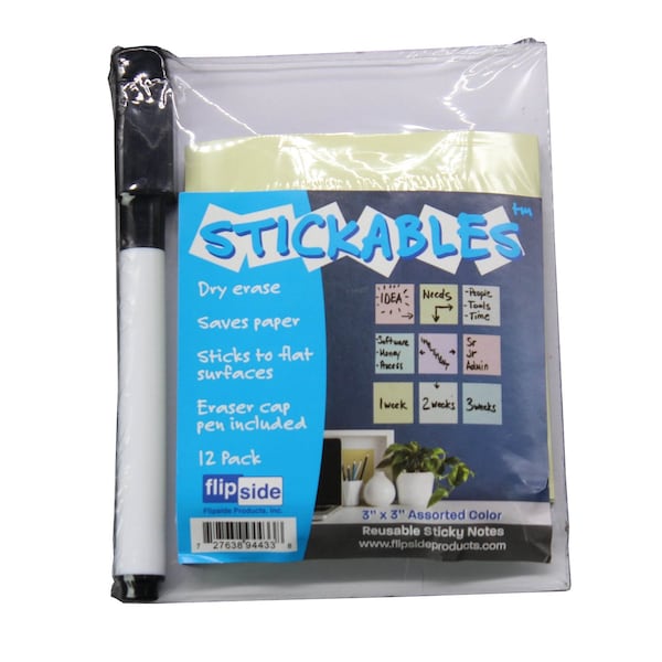 Flipside 3" x 3" Pastel Assorted Dry Erase Stickables w/ Dry Erase Marker - 1 Pack of 12 Sheets 94433 - main