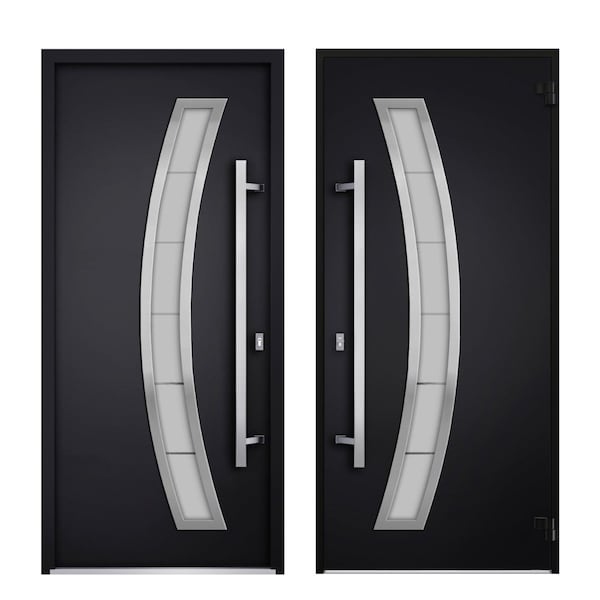 Vdomdoors Steel Door Deux 6500 Black 2 Sidelight Exterior Windows Stainless Inserts Single Modern Painted-W16 DEUX6500EXD-BLK-W16+36+16 x H80-Right-hand Inswing - main