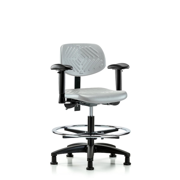 Blue Ridge Ergonomics Poly Chair-Med Bench Height with Seat Tilt, Adj Arms, Chrome Foot Ring, &Stationary Glides in Gray Poly PMBCH-RG-T1-A1-CF-RG-GRY - main