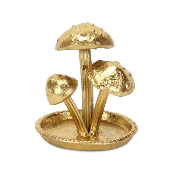 Homeroots 5in Gold Cast Iron Three Mushroom Trinket Tray 634788 - main