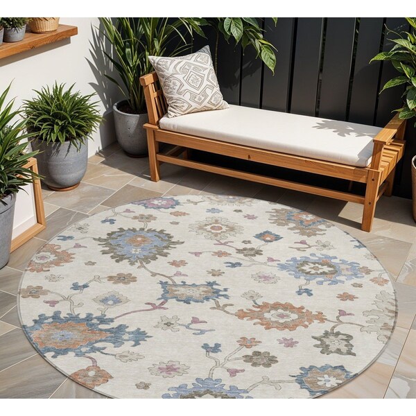 Homeroots 8' Ivory Brown And Blue Round Floral Washable Indoor Outdoor Area Rug 606160 - main