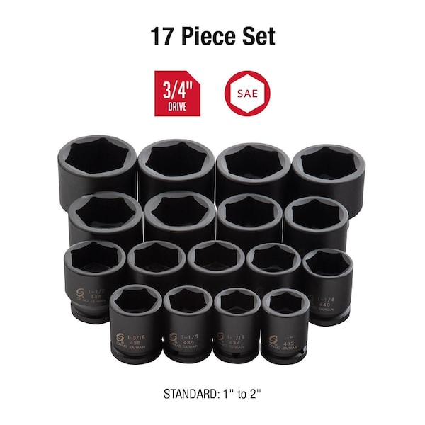 Sunex 3/4" Dr. 17 Pc. Heavy Duty SAE Impact Socket Set 4683 - main