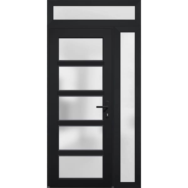 Vdomdoors Front Exterior Prehung FiberGlass Door Frosted Glass / Manux 8002 Matte Black / Sidelight and Trans MANUX8002EXD-BLK-W30+14 x H80+14-LH - main