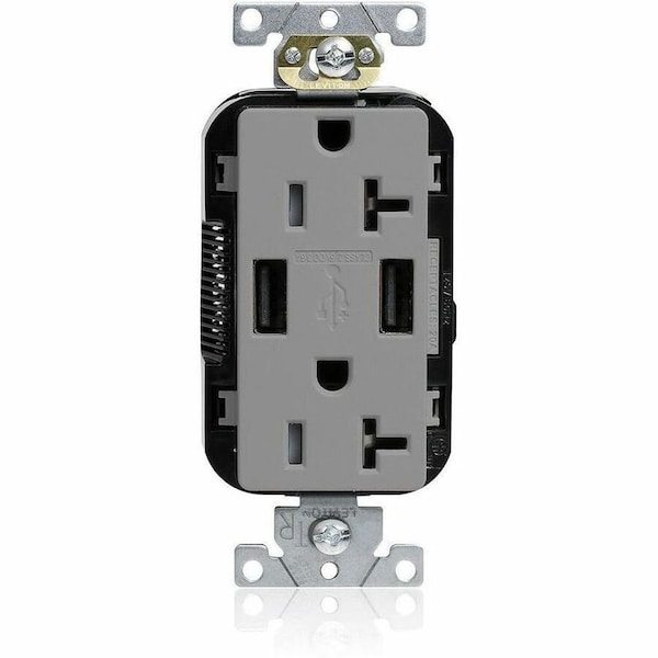 Leviton USB Receptacle, 20 A, 1 hp, Gray, PBT M58AA-GY - main