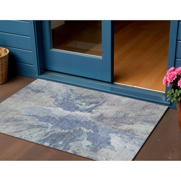 Homeroots 3' X 5' Denim Blue And Linen Abstract Washable Indoor Outdoor Area Rug 615596 - main