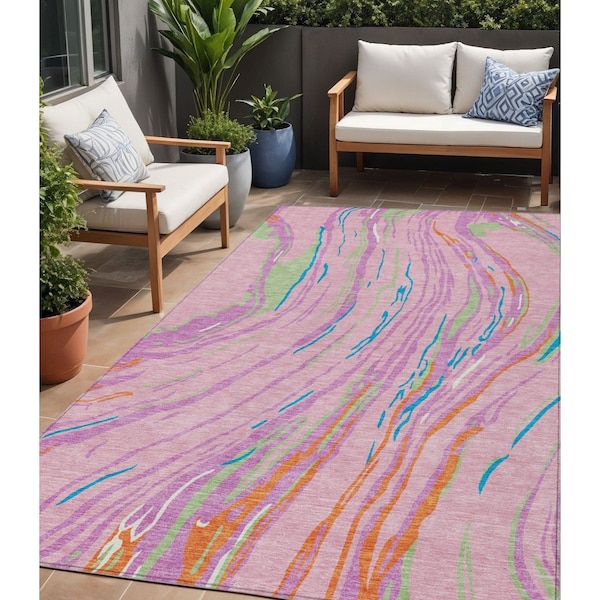 Homeroots 5' X 8' Pink Green And Teal Blue Abstract Washable Indoor Outdoor Area Rug 600247 - main
