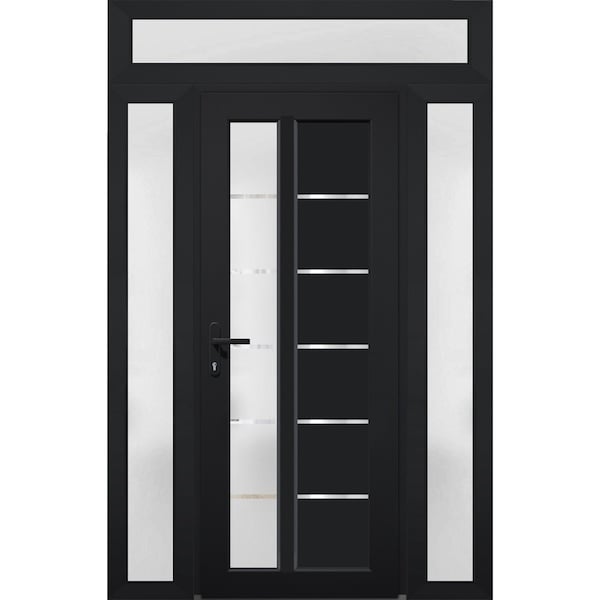 Vdomdoors Front Exterior Prehung FiberGlass Door Frosted Glass / Manux 8088 Matte Black / 2 Sidelight and Tra MANUX8088EXD-BLK-W12+36+12 x H80+14-RH - main