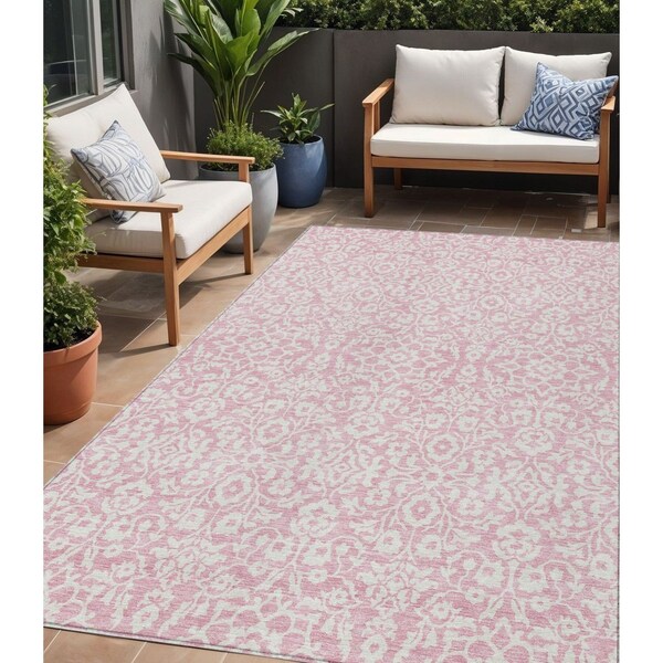 Homeroots 5' X 8' Pink And Ivory Damask Washable Indoor Outdoor Area Rug 595182 - main