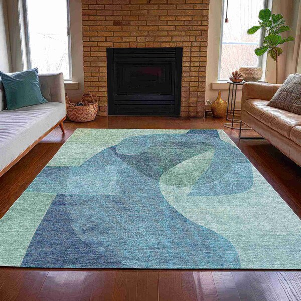 Homeroots 3' X 5' Teal Blue And Ivory Abstract Washable Indoor Outdoor Area Rug 630435 - main