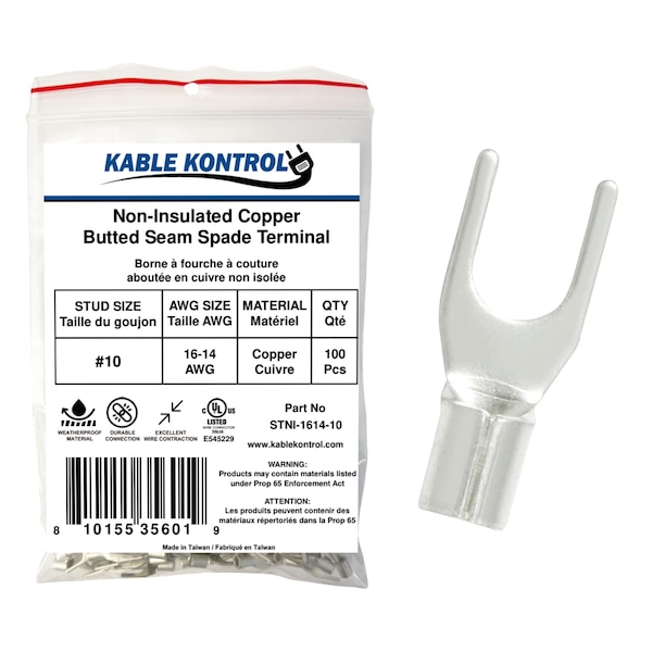 Kable Kontrol Non Insulated Copper Butted Seam Spade Terminal, 16-14 AWG, Stud Size # 10, 100 Pcs, 100PK STNI-1614-10 - main
