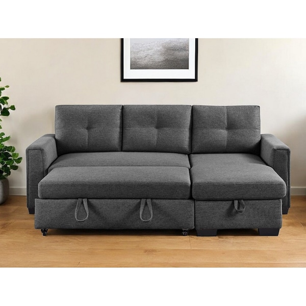 Homeroots 92" Dark Gray Polyester Blend Convertible Futon Sleeper Sofa With Black Legs 544959 - main